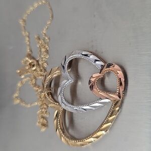 ‘Heartstring Symphony’ 10K Gold Tricolor Intricate Heart Family Necklace